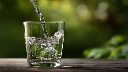 Water is being poured into a transparent glass, causing bubbles to form as it splashes. The setting features a soft, blurred green background, showcasing a serene outdoor atmosphere