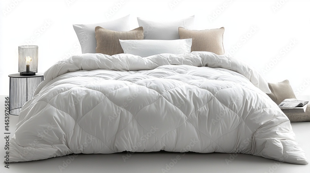 Aufkleber a beautifully made bed features a plush white comforter and various decorative pillows. the modern b