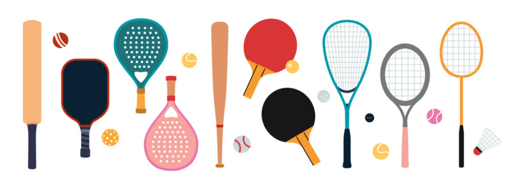 Set with sports equipment like rackets, bats and balls for tennis, squash, padel, badminton, baseball, ping pong, pickleball, cricket and lapta. Trendy modern Isolated vector illustration