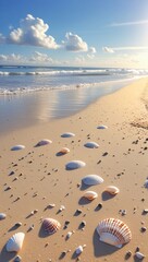 Seashells litter the golden sandy beach as the tide gently rolls in under a sunny blue sky