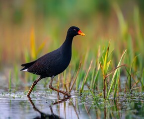 Black Crake, Zapornia flavirostra, a waterfowl of the rail and crake family, walks among green water
