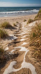 Sandy beach path to the ocean, marked with white substance, bordered by grassy dunes.