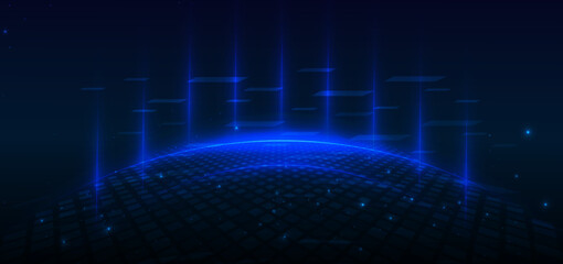 Technology futuristic glowing lines neon blue light ray on dark blue background with square pattern digital element.
