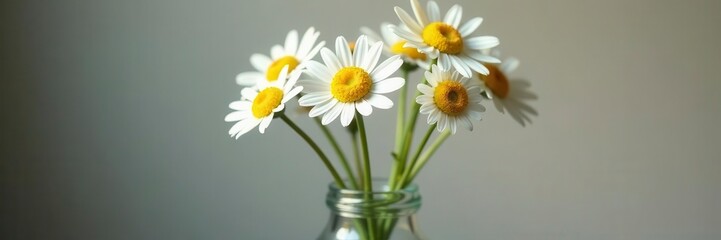 Several cheerful daisies in a simple glass vase, photography, pretty