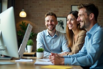 Smiling manager and staff enjoy a productive workday in bright office, corporate culture, teamwork, teamwork