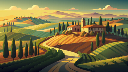 A beautiful landscape with a winding road and a house in the distance. The trees are tall and green, and the sky is blue