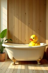 Sunny yellow rubber duck in wood-paneled bath, home decor, interior design, decor