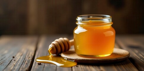 Thick honey in rustic jar, wooden spoon beside, still life, spread, nature