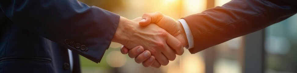 Two hands clasp in a firm handshake against a soft-focus backdrop, connection, background, collaboration