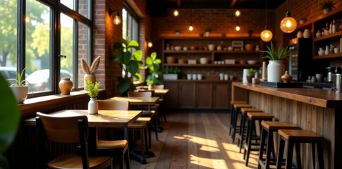 Warm lighting bathes rustic wood tables and chairs in a cozy coffee shop , sweets, fireplace