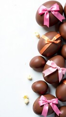 Assorted chocolate Easter eggs with bows, white backdrop , confectionery, spring holiday