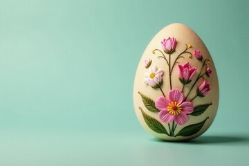 Beige embroidered egg, floral motifs, Easter textile art, needlework, motif, holiday