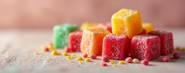 Assorted Turkish delight cubes, various colors and flavors, delicious, vibrant