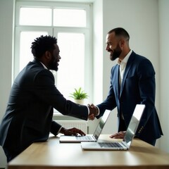 African businessmen shaking hands, laptops on desk, professional, serious