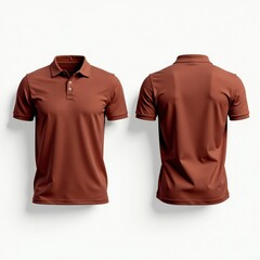 Brown polo shirt mockup Front and back views on plain white , realistic, apparel mockup, clothing
