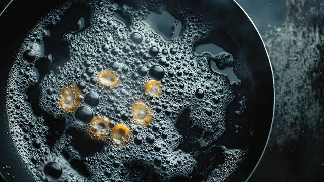 frying pan with meat, black pan, butter, mushroom, cheese, paella, steak, vegetable, squid, egg omelette, chicken, shrimp, oil, beef, pork, sausage