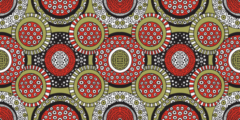 African ethnic traditional red. seamless beautiful Kitenge circle, chitenge geometric style. Fashion design in yellow hazelnut. Geometric circle abstract motif. Ankara prints, African wax prints.