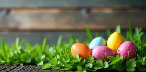 Colorful Easter eggs nestled in spring grass against a rustic wooden backdrop , chick, celebration, speckled