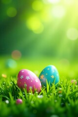 Colorful Easter eggs nestled in vibrant green spring grass , tradition, spring, brown