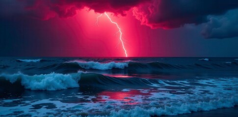 Crimson lightning illuminates churning dark ocean waves during furious storm , turbulent, epic, red lightning