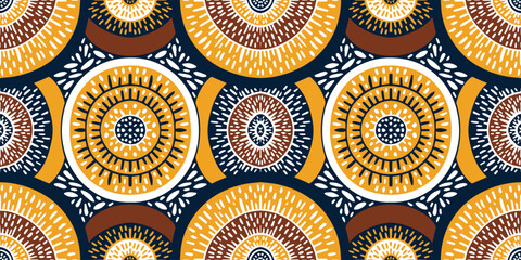 African ethnic traditional yellow pattern. seamless beautiful Kitenge circle, chitenge geometric style. fashion design in brown tone. Geometric circle abstract motif. Ankara prints,African wax prints.