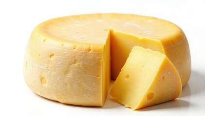 Artisan cheese wheel, aged texture, white backdrop, slice, delicious