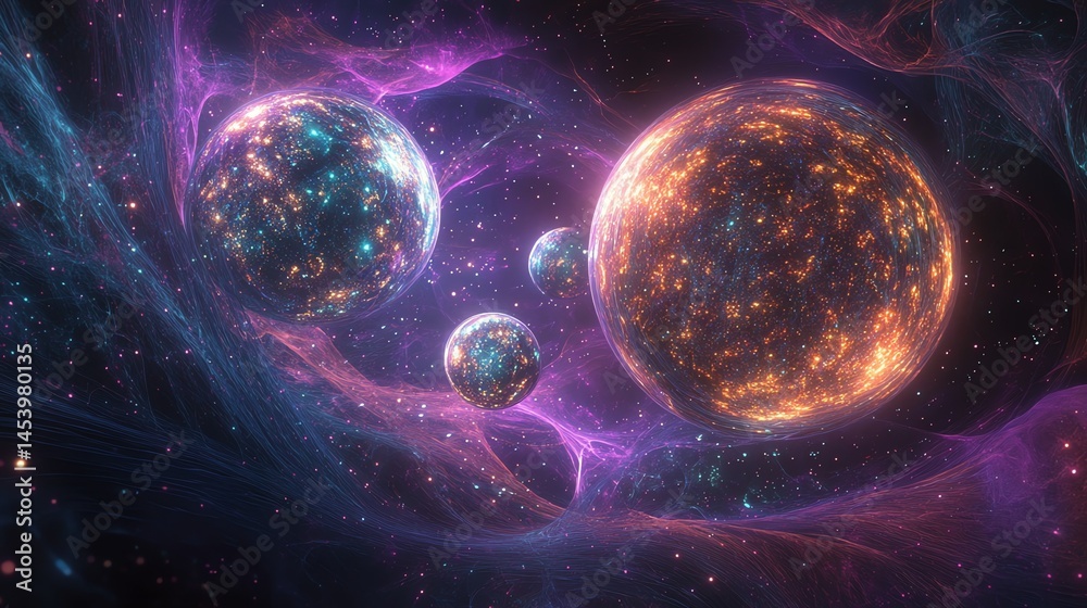 Wall mural digital illustration of three spherical objects within a nebula-like space filled with colorful ener