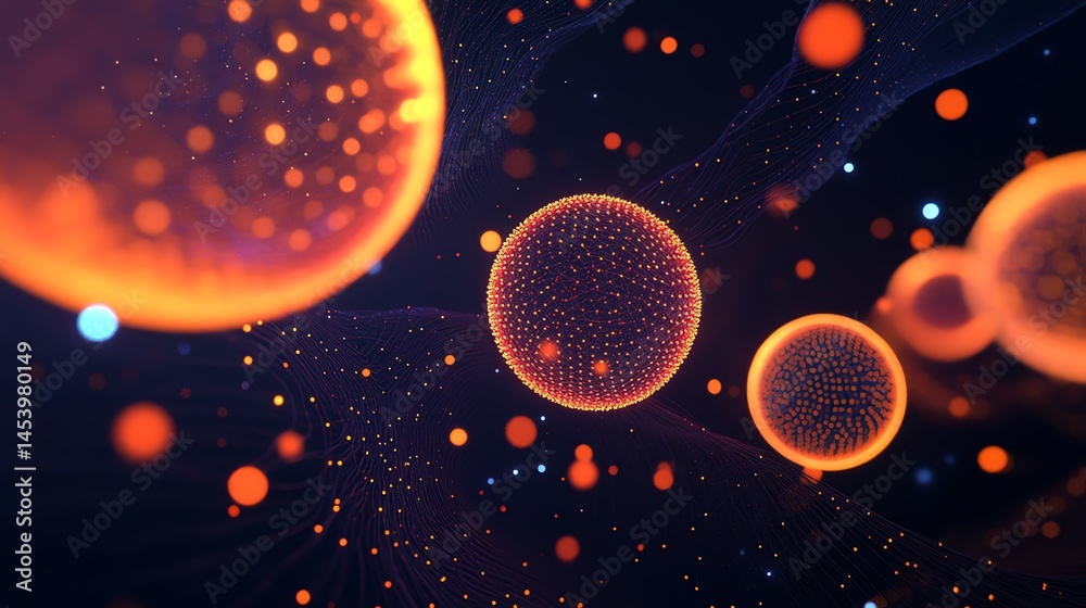 Wall mural 3d render of glowing orbs suspended in a dark space with intricate, connecting lines.