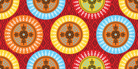 African ethnic red pattern. beautiful Kitenge seamless circle, chitenge style. fashion traditional design in colorful. geometric circle abstract motif. Floral Ankara prints, African wax prints.