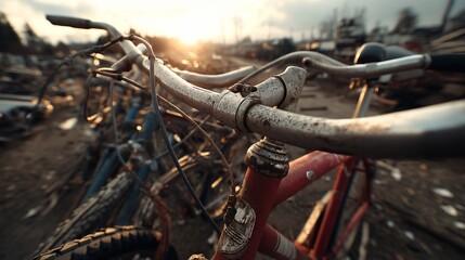 Old bicycle in scrapyard at sunset