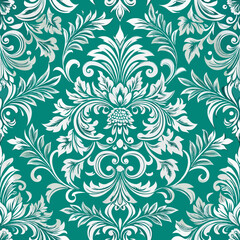Luxurious Brocade Motif with Floral seamless vector pattern on Teal Background  