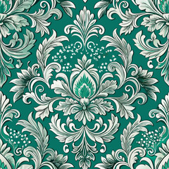 Luxurious brocade seamless vector pattern with raised floral motifs on teal background  