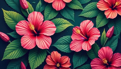 Fototapeta premium Bold, vibrant hibiscus and tropical leaves, all-over print, fabric, print