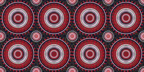African ethnic red black pattern. beautiful Kitenge seamless circle, chitenge style. fashion traditional design in colorful geometric circle abstract motif. Floral Ankara prints, African wax prints.
