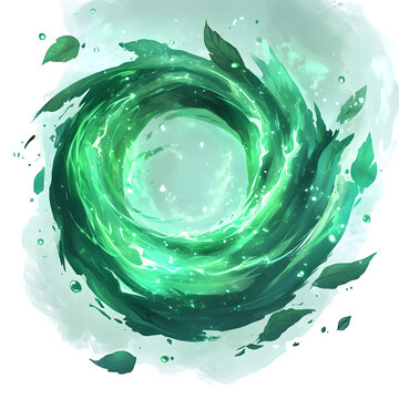 Emerald green enchanted elixir swirl with mint leaves and glowing rune particles, hovering above white.
