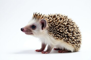 Close-up of a solitary hedgehog against a stark white backdrop, thorns, small, vector