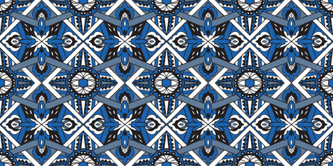 African ethnic traditional blue pattern. seamless beautiful Kitenge, chitenge style. fashion design in Geometric abstract motif. Ankara prints, African wax prints.geometric shapes in square, rhombus