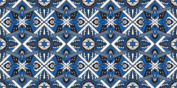 African ethnic traditional blue pattern. seamless beautiful Kitenge, chitenge style. fashion design in Geometric abstract motif. Ankara prints, African wax prints.geometric shapes in square, rhombus