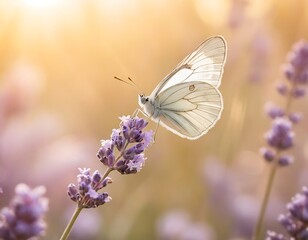 Naklejka premium White Butterfly on Lavender Flowers in Soft Sunlight