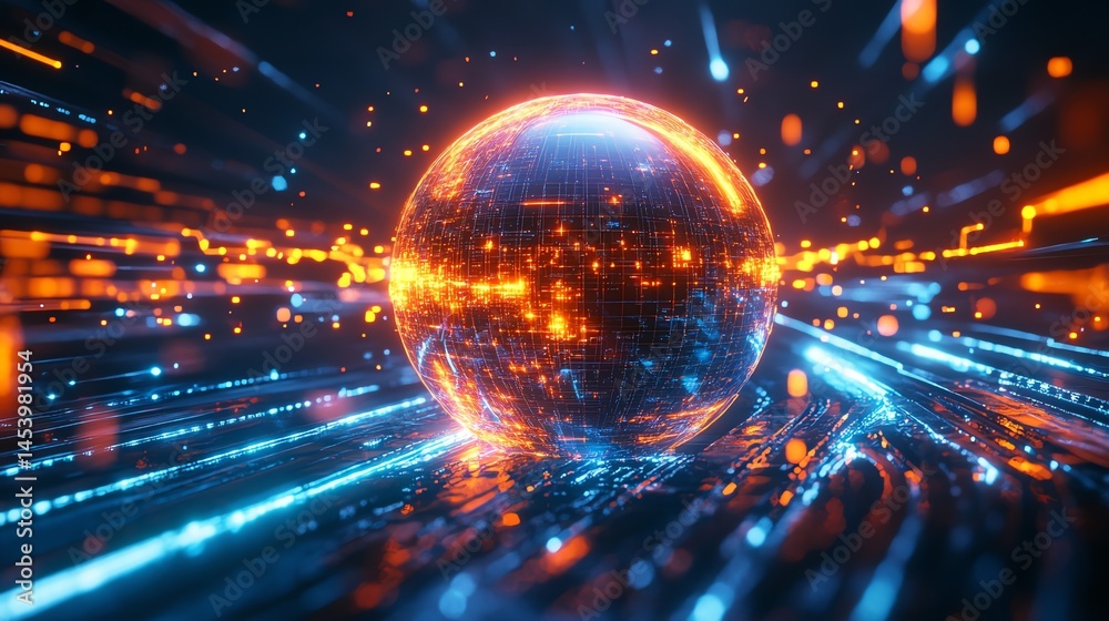 Wall mural 3d render of a glowing orb enveloped in vibrant digital energy and light streams.