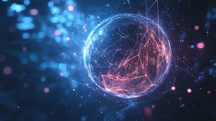 Obraz premium 3D render of a glowing globe overlaid with intricate, interconnected red and blue lines and scattered pink dots.