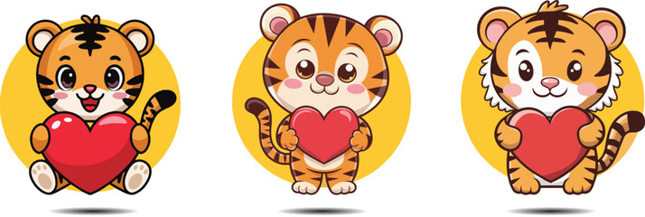 Cute cartoon tiger cubs holding hearts on a white background