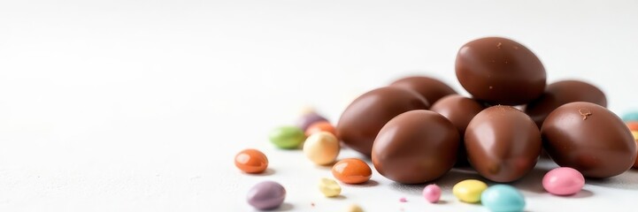 Fototapeta premium A cluster of milk chocolate Easter eggs and assorted candies on a pristine white background , celebration, wrapper, easter bunny