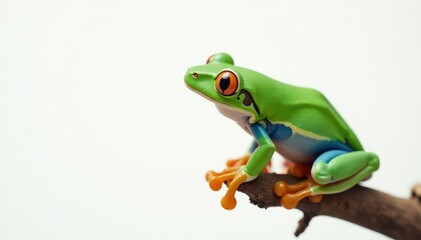 Naklejka premium Green tree frog perched on white, vibrant colors, animal, white background