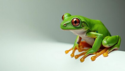Obraz premium Green tree frog perched on white, vibrant skin, picture, delicate