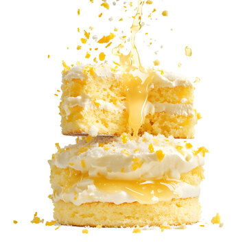 Lemon sponge cake smashing open with lemon curd oozing and sugared zest flakes suspended, PNG-ready white canvas.