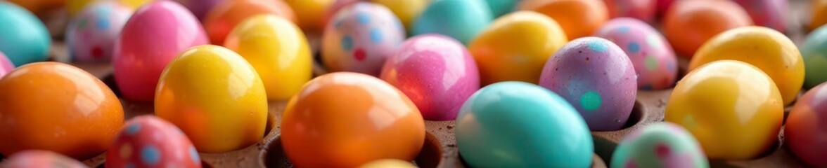 Plastic Easter eggs filled with jelly beans and chocolate candies Close-up view , easter basket, chocolate