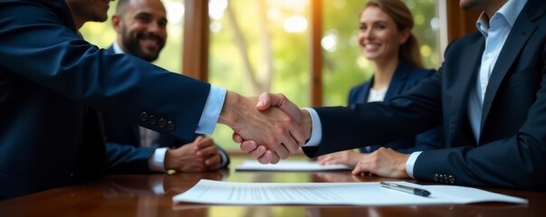 Smiling figures in suits shaking hands after document signing , corporate, formal, finalizing