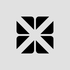 Abstract design featuring geometric shapes with intersecting lines and rounded corners on grey background.