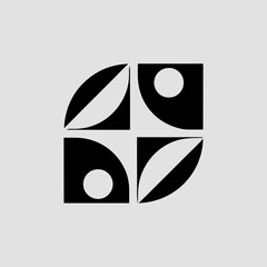 Abstract geometric art featuring squares, circles, and curved shapes in a symmetrical composition.